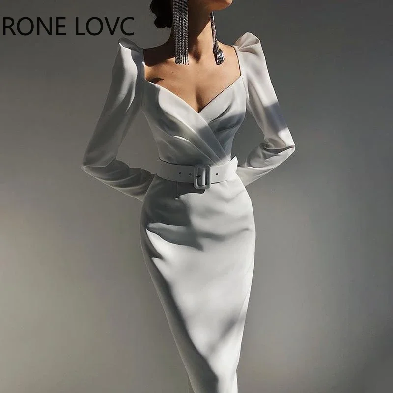 

Women Solid Elegant Long Sleeves with Belt Midi Formal Party Bodycon White Dresses