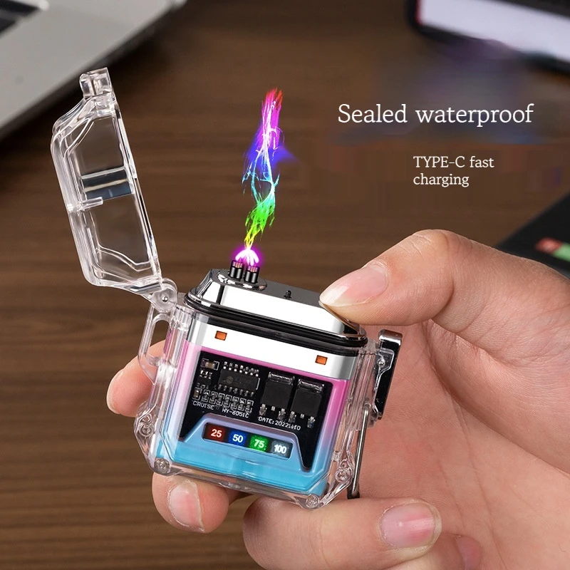 

Hot New Upgrade Clear Case Waterproof Electronic Pulse Lighter Outdoor Windproof Metal LED Display Igniter Camping Tools Men