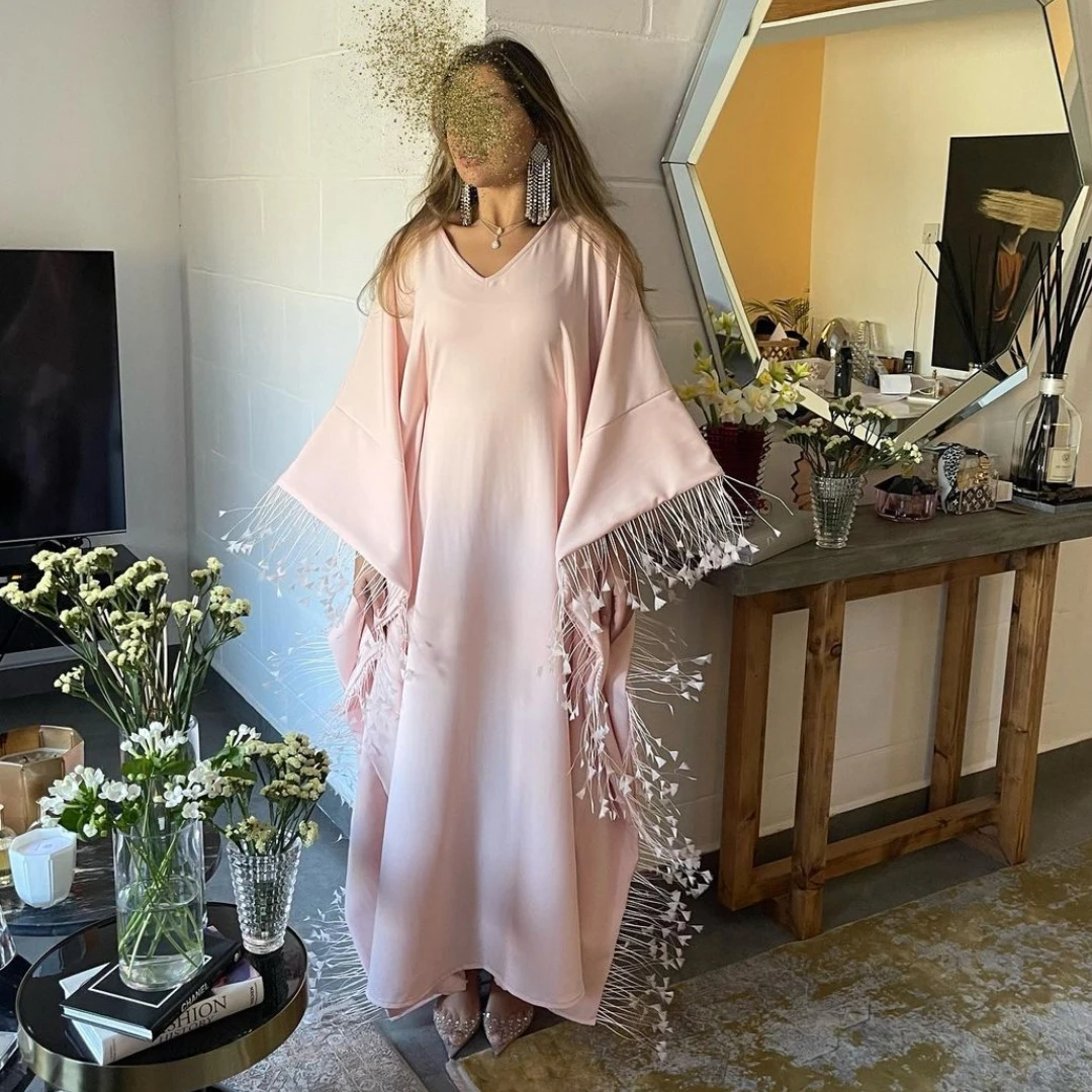 

Koendye 2024 Saudi Arabia Prom Dresses V Neck Long Sleeves Graduation Party Birthday Evening Gowns Feathers Vestidos