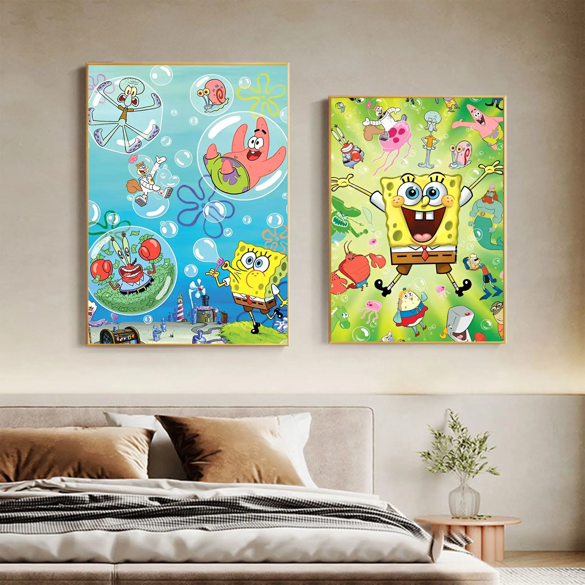 Funny-Spugne-And-B-Bob-Square-Cute-Pants Poster Sticky Waterproof Paper Sticker Coffee House Bar Estetica Art Wall Painting