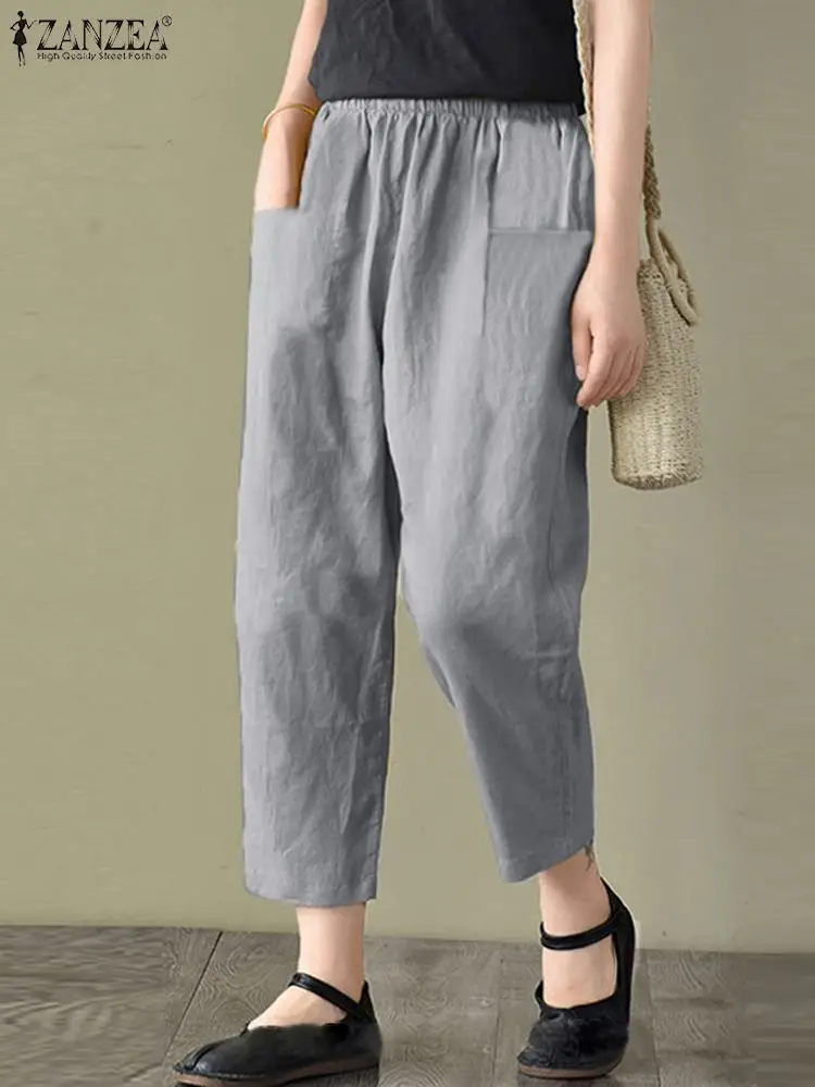 

2023 ZANZEA Fashion Cotton Pants Autumn Casual Solid Palazzo Woman Vintage Elastic Pantalon Femme Ankle Length Trousers Oversize