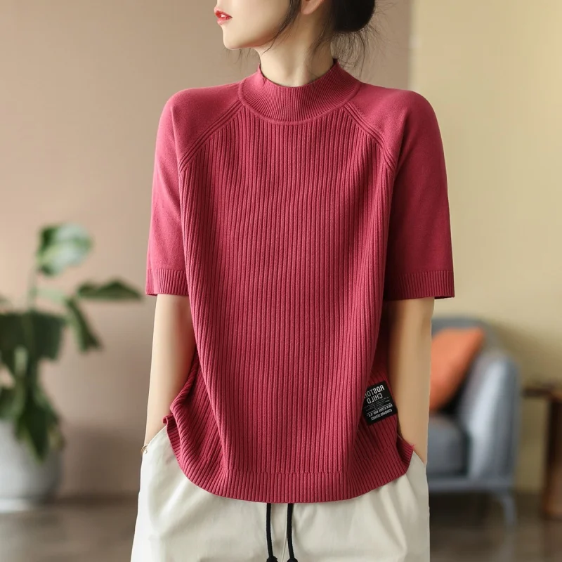 

Spring and Summer Half Neck Sweater Women's Solid Color Raglan Sleeve Artistic Short-sleeved Pure Cotton Thin Casual Pullover