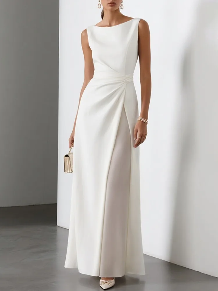 Yeezzi Women Pleated White A-Line Dress 2025 New Sleeveless Solid Color Split-Joint Round-Neck Elegant Evening Maxi Dresses 1