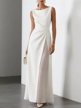 Yeezzi Women Pleated White A-Line Dress 2025 New Sleeveless Solid Color Split-Joint Round-Neck Elegant Evening Maxi Dresses 1
