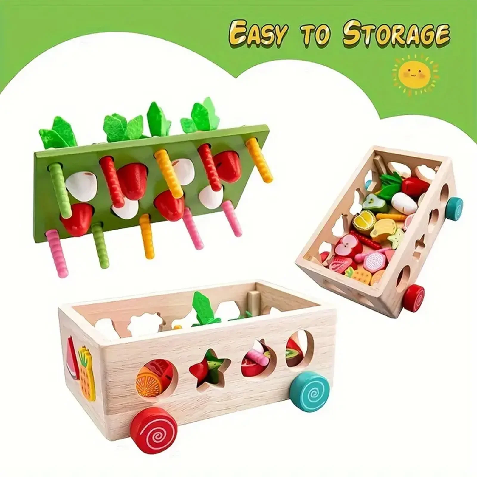 6-In-1 Kids Wooden Shape Assortment Matching Toys Carrot Fruit Game Cart Montessori Toys Puzzle Educational Baby Building Blocks 2