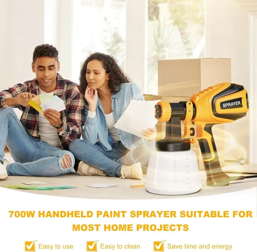 Paint Sprayer 700W HVLP Spray Gun W/Cleaning & Blowing Joints 4 Nozzles 3 Patterns Easy Clean for Furniture Fence Walls Door Etc