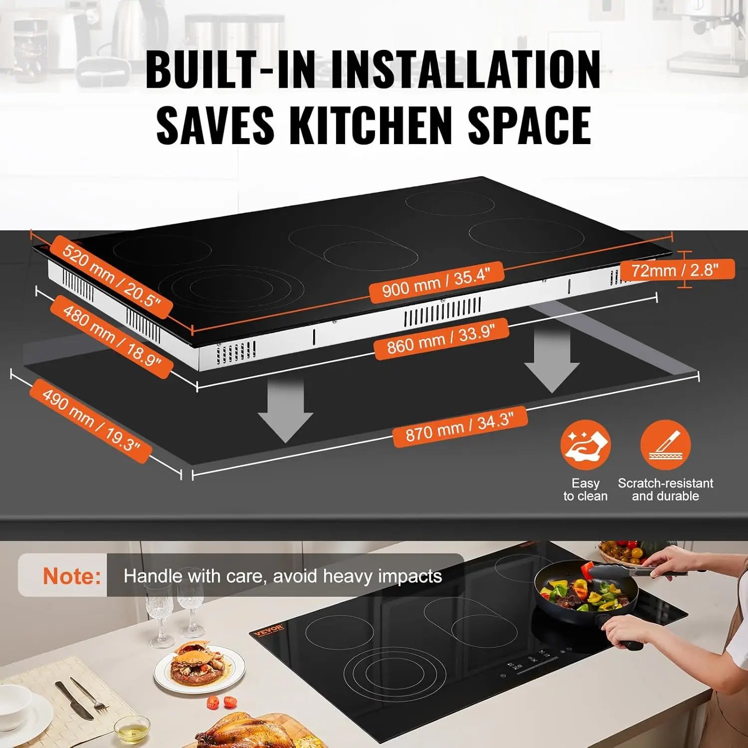 , 36 inch 5 Burners Built-in Electric Stove Top, 8600W Ceramic Top Radiant  with Glass Panel, Touch 6