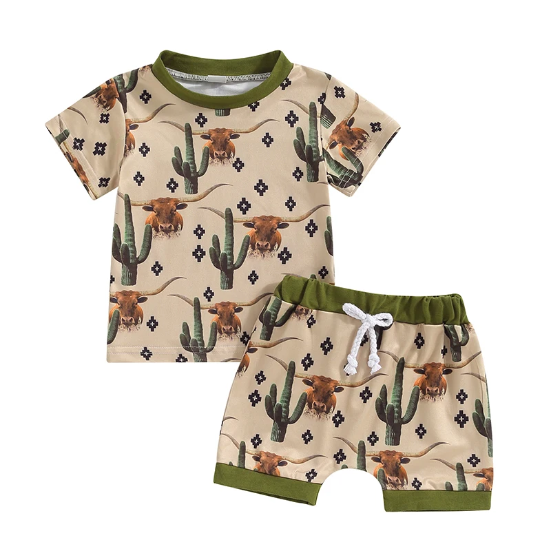 

Western Baby Boy Summer Clothes Cow Horse Print Short Sleeve T-Shirt Shorts Set Toddler Country Cowboy Outfits