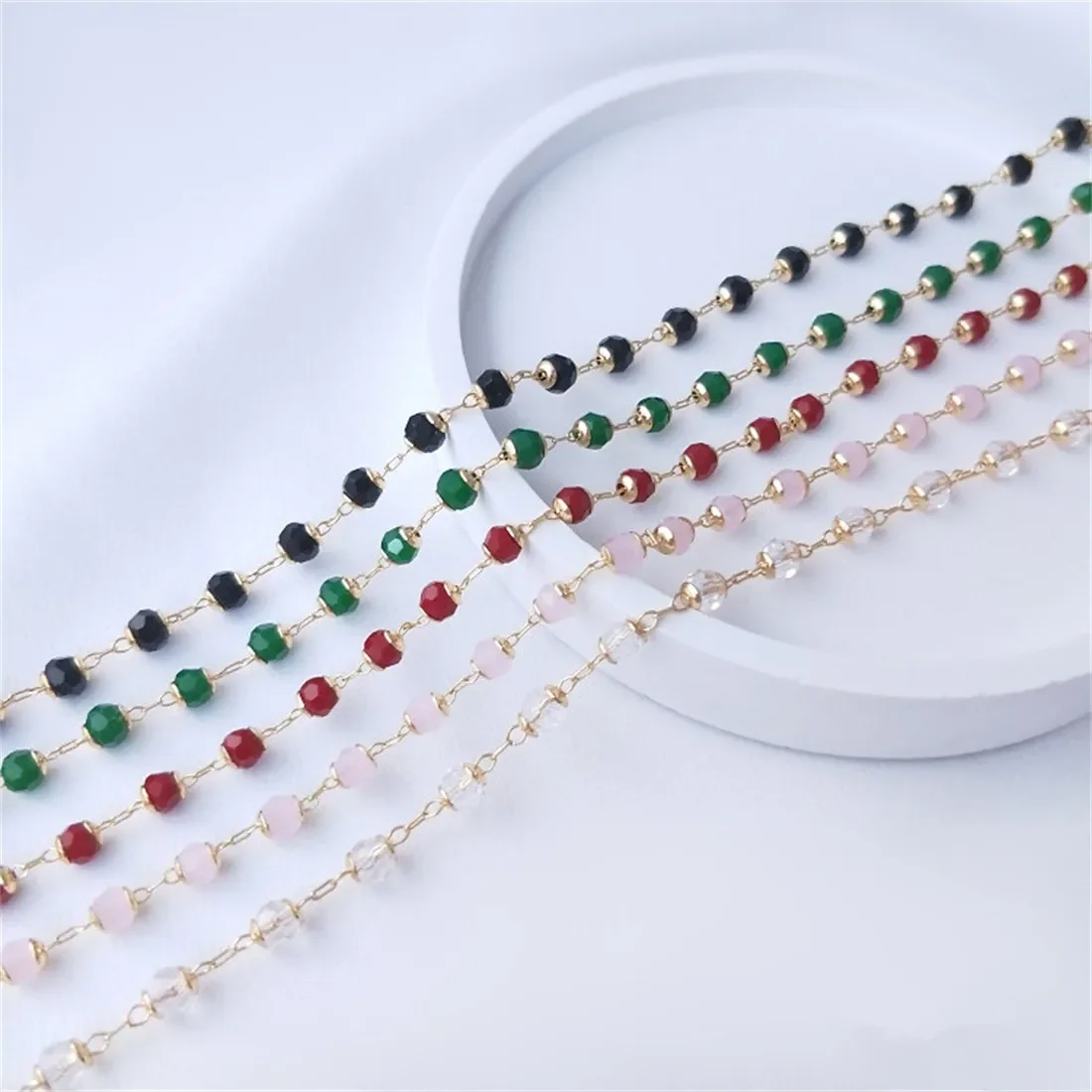 

14K Gold-plated Crystal Zircon Handcrafted Chain with Round Pieces and Colored Beads DIY Bracelet Necklace Jewelry Loose Chain