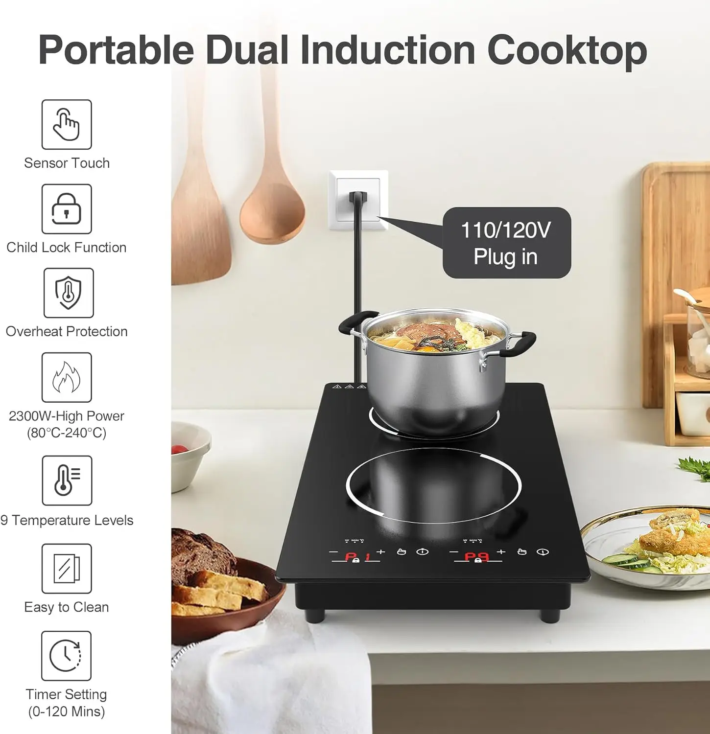 Double Induction Cooktop,110V 2 Burner Induction Cooktop,2300W Electric Stove Top with Independent Control, Ultrathin Body