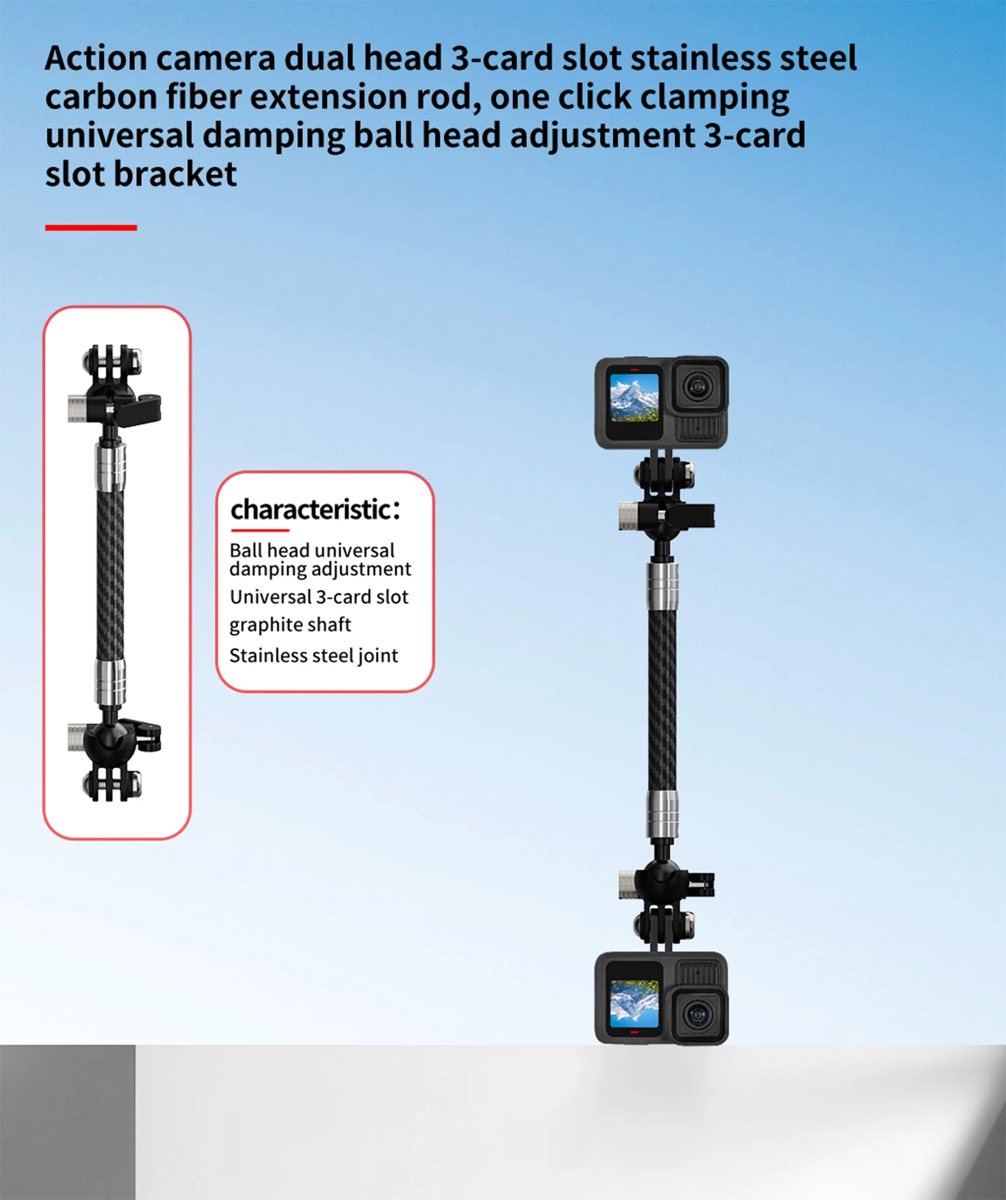 Carbon Faser Selfie Stick Stange Kamera Halterung für Gopro Insta360 OSMO 360 Helm Arm 17mm Kugelkopf Stativ Halterung mic Licht Halter – Detail 5