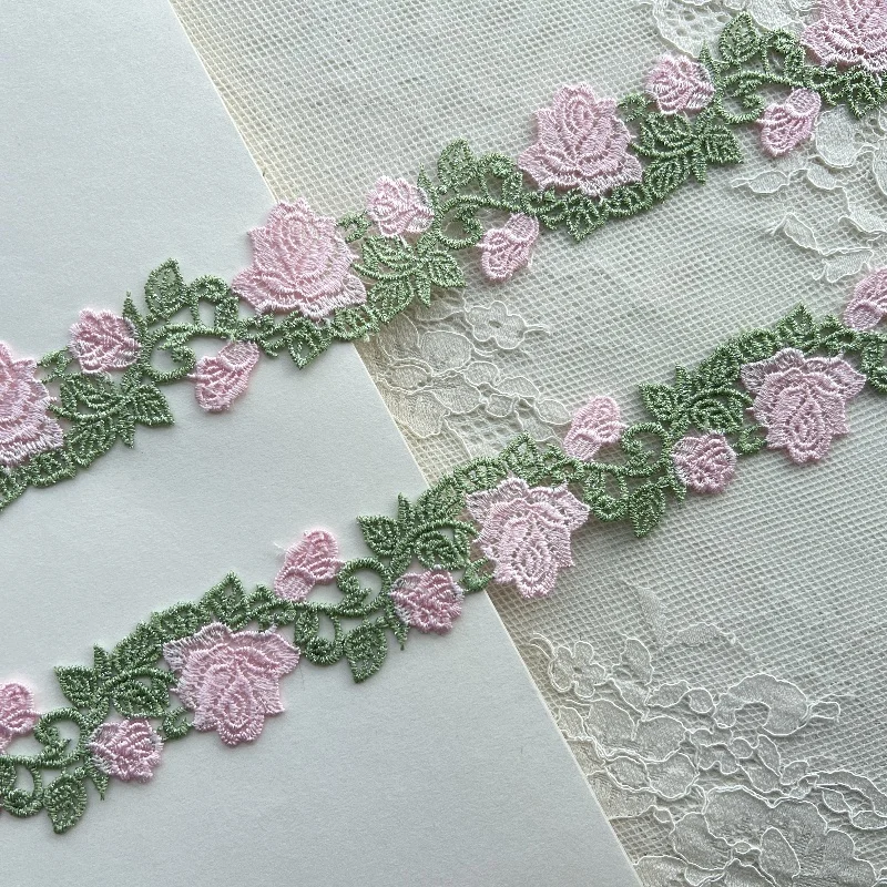 

10meters Green Pink Rose Water Soluble Embroidery Lace Trims For Wedding Bridal Dress Bedding Home Textile Handmade Ribbon