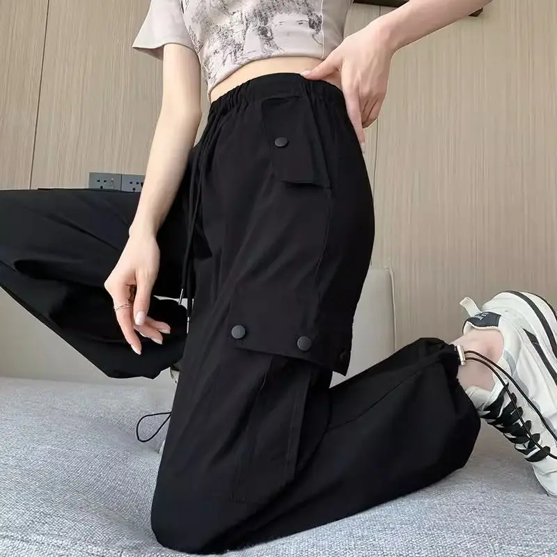 Women's Solid Pockets Spring Autumn High Waisted Buttons Elastic Ankle Tied Lanterns Harlan Casual Workwear Trousers Pants