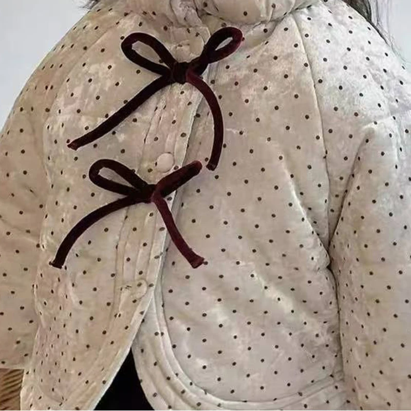 여아용 겨울 폴카 도트 코튼 재킷 패션 어린이용 리본 터틀넥 아우터웨어 한국  여아용 따뜻한 솜 패딩 코트