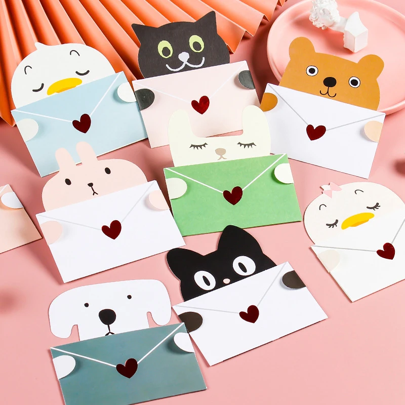 

1/9pcs Cute Cartoon Gift Card Folded Envelope Greeting Card Holiday Wishes Postcards Animals Birthday Cards For Students Party