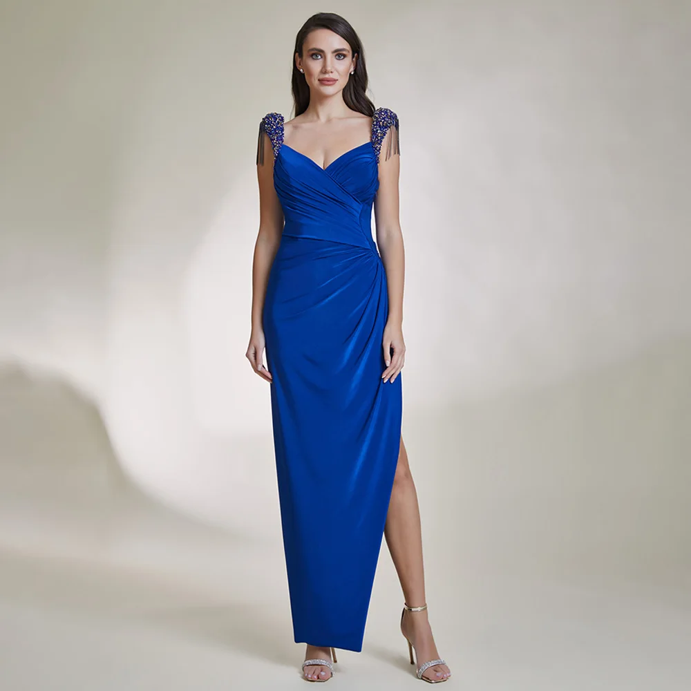 

Dark Royal Blue Prom Dresses for Women Column V Neck Beading Luxury Evening Dress Ankle Length Side Slit Backless Sexy Gown