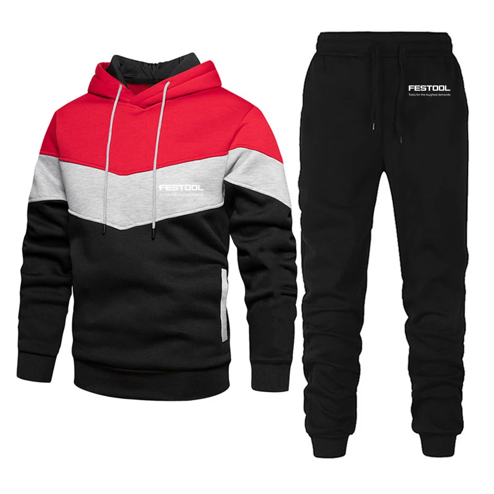 Festool 2023 Spring and Autumn New Men Casual Three Color Stitching Patchwork Hoodies+ Comfortable Trousers Set