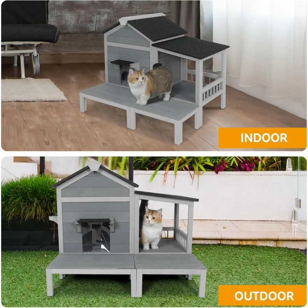 Outdoor Cat House, Feral Kitty Shelter Outside Waterproof with Large Balcony, Escape Door
