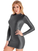 Womens Glossy Long Sleeve Bodycon Dress Stretchy Solid Color Slim Fit Mini Dress Ladies Smooth Mock Neck Tight Dresses Clubwear - Image 2
