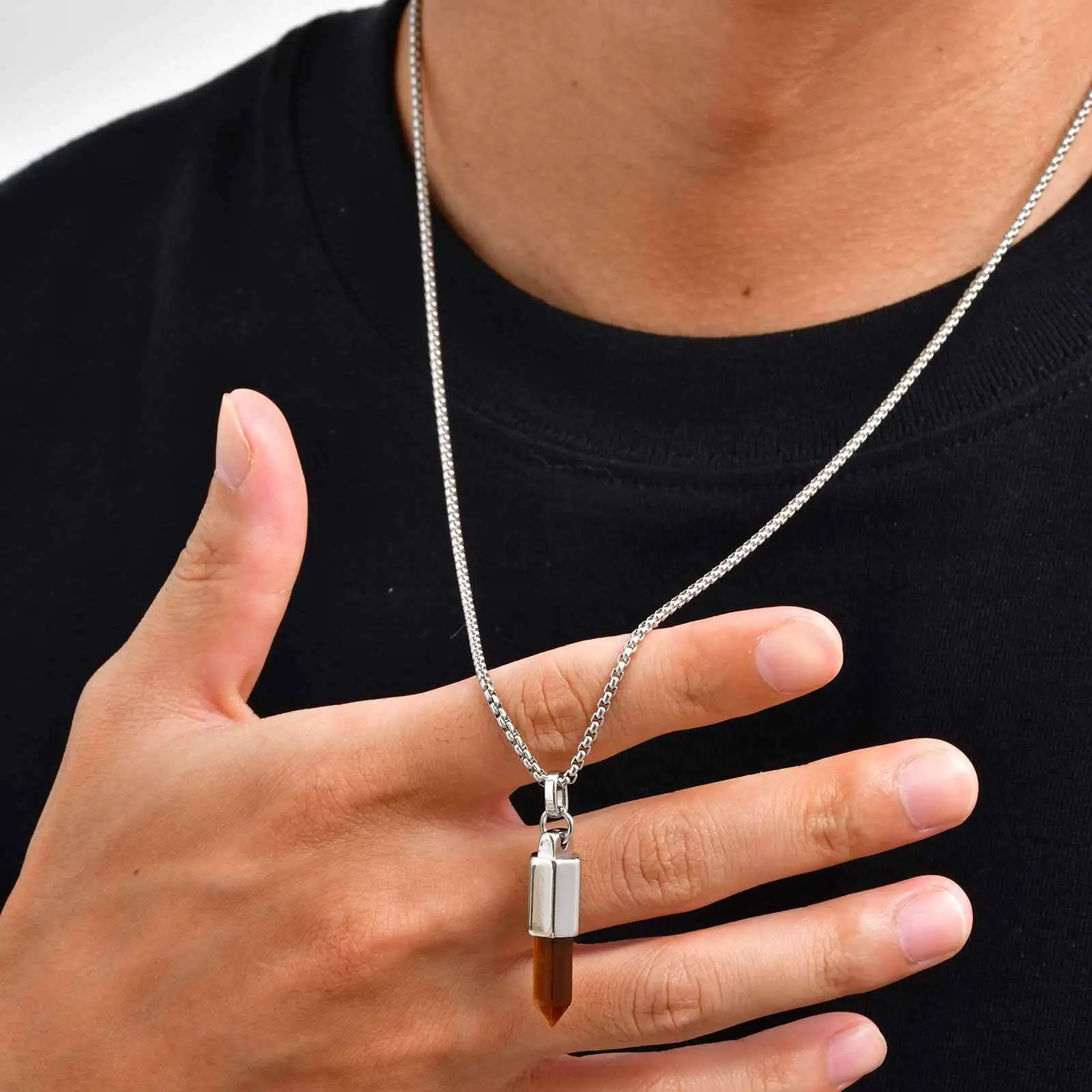 Stylish Men's Natural Stone Bullet Necklaces,Vintage Gemstone Healing Stainless Steel Pendant Necklace,Birthday Father Gift