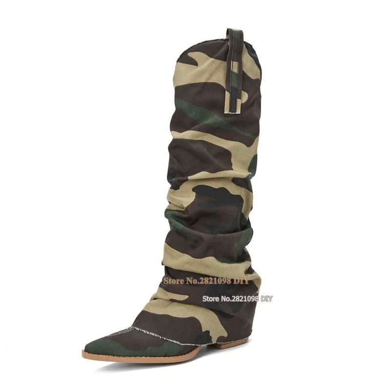 

Women's Camo Pattern Casual Slip On Chunky Heel Fold Over Canvas Boots Point Toe Western Cowboy Stacked Long Boots
