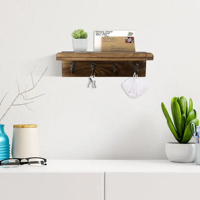 Porte-clés en bois rustique pour mur, étagère murale de ferme, décoration de maison, étagère flottante murale avec 4 crochets 2
