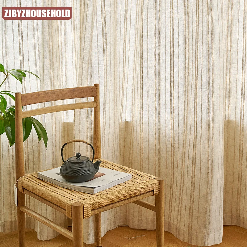 

Japanese-style Curtains for Living room bedroom light-transmitting linen sand retro famous striped cotton linen tea room rhj