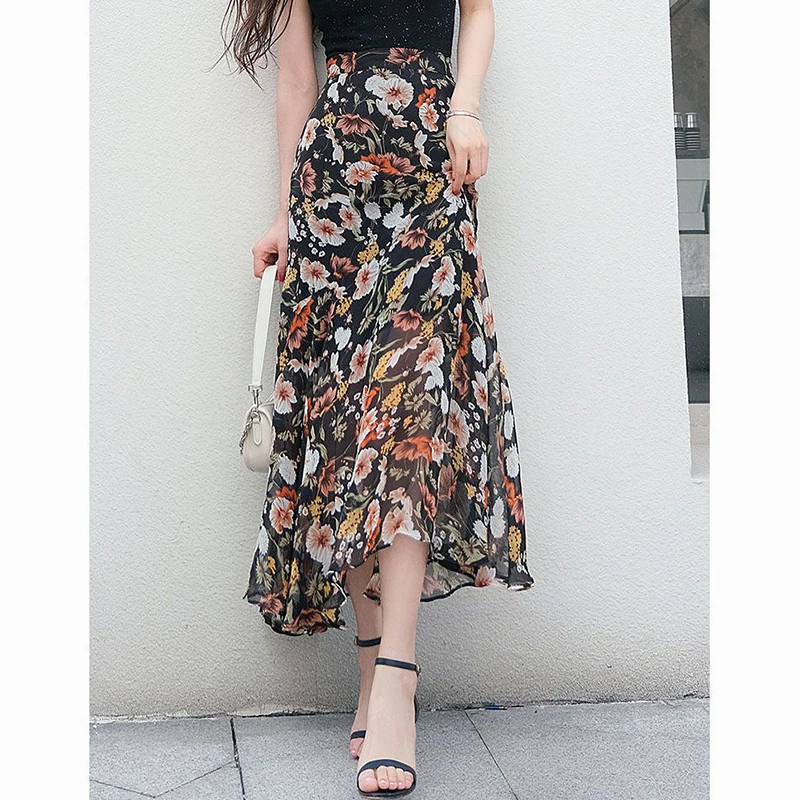 Fashion Zipper Printed Elegant Chiffon Floral Skirts Women Clothing 2024 Summer New Loose Office Lady High Waist Mermaid Skirts