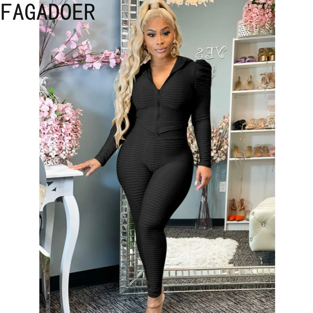 

FAGADOER Black Autumn Casual Solid Hooded Tracksuits Women Zipper Long Sleeve Crop Top + Skinny Pants Two Piece Set Outfits 2023