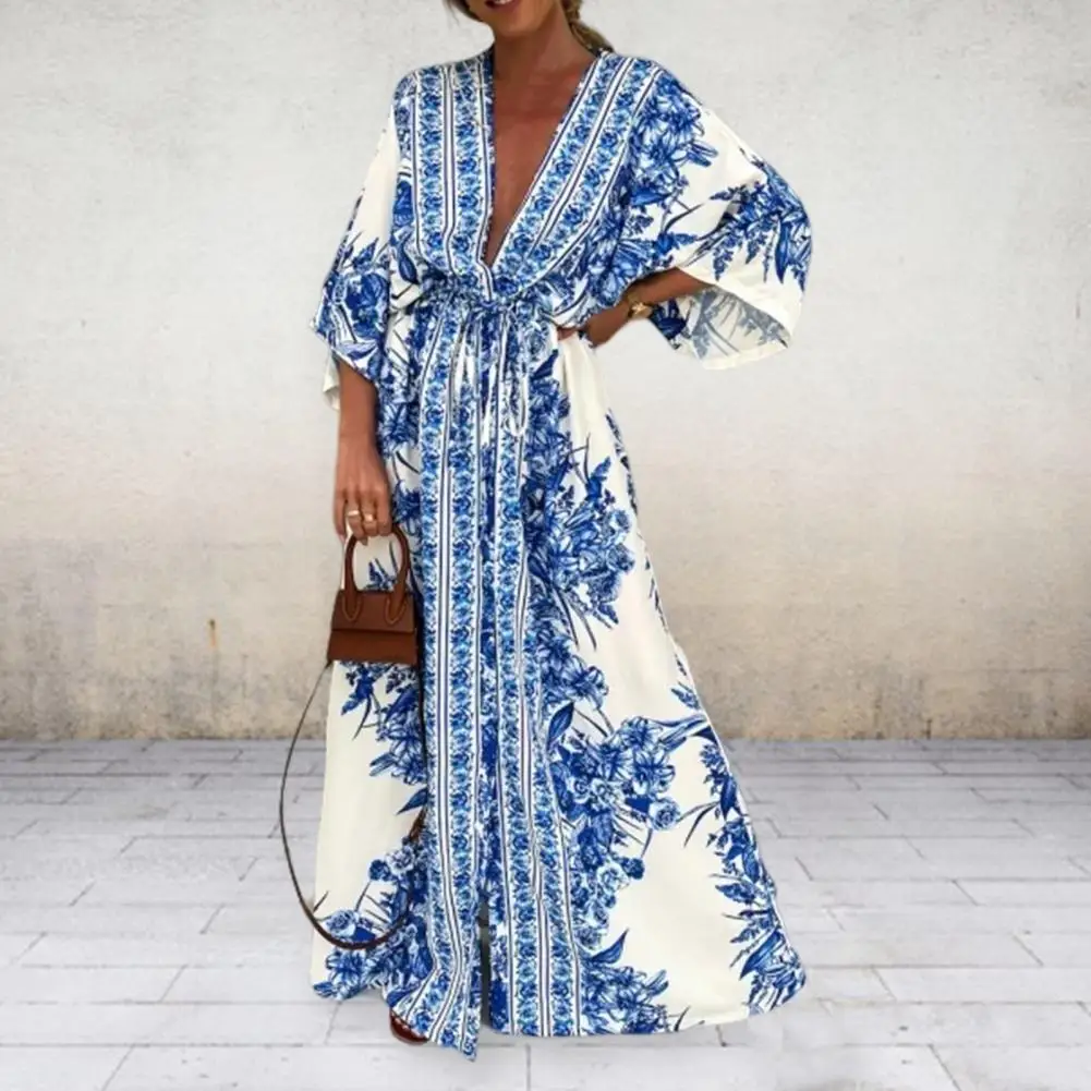 Skin-touching  Stylish Boho Retro Print 3/4 Flare Sleeve Beach Dress Soft Fabric Maxi Dress Cool   Female Clothes