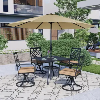 5-Piece Metal Outdoor Patio Furniture Outdoor Dining Set with Brown Umbrella, 4 Metal Swivel Chairs and Square Dining Table 2