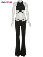 Weird Puss Hollow Straps 2 Piece Sets Woman Summer Sexy Solid Halter Backless Tops+Sequined Flared Pants Party Skinny Outfits - Image 6