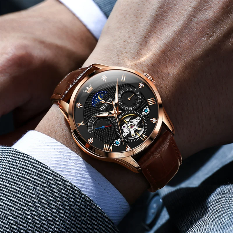 OLEVS Men Watches Top Brand Luxury Leather Tourbillon Mechanical Sport Watch For Men Fashion Date Waterproof Clock Reloj Hombre