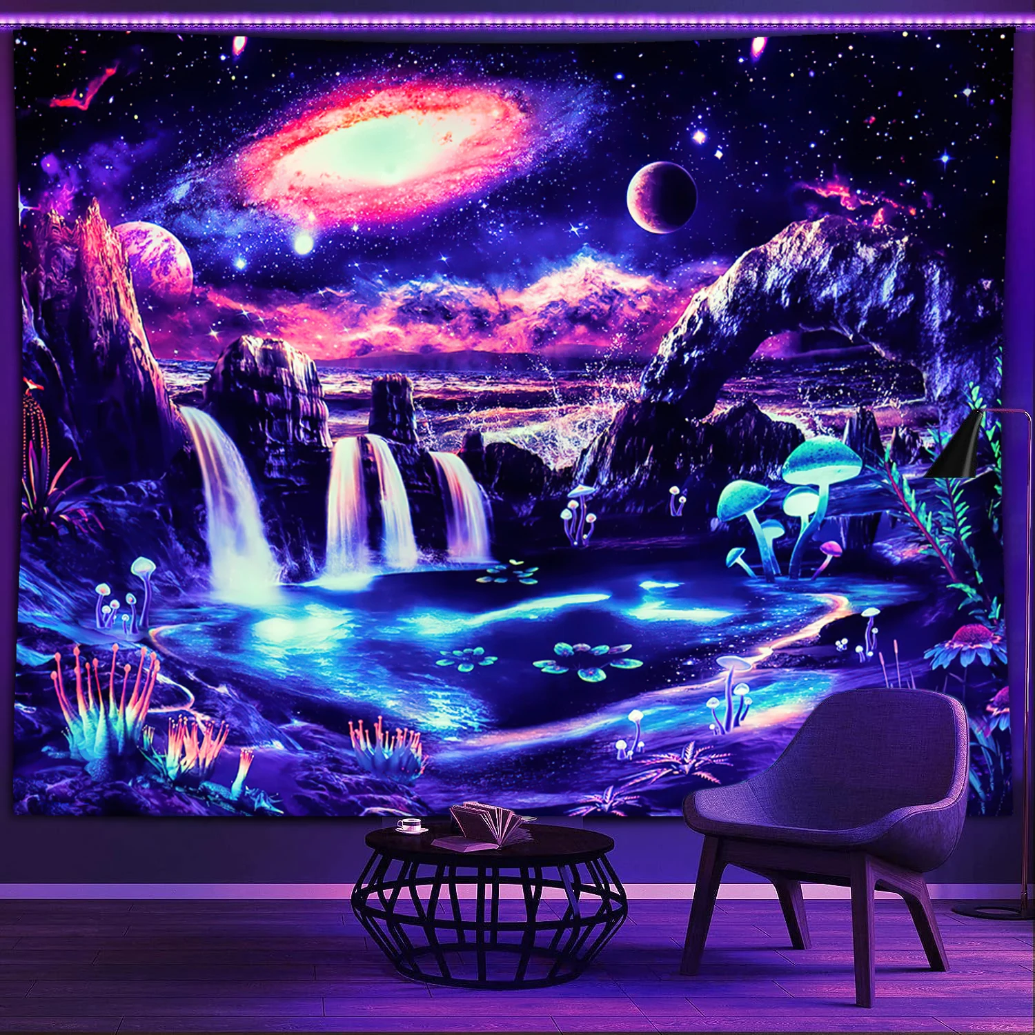 Neon Blacklight Tapestry Fantasy Mountain Waterfall Tapestries,Galaxy UV Reactive Backdrop for Artful Wall Hanging & Home Décor 1
