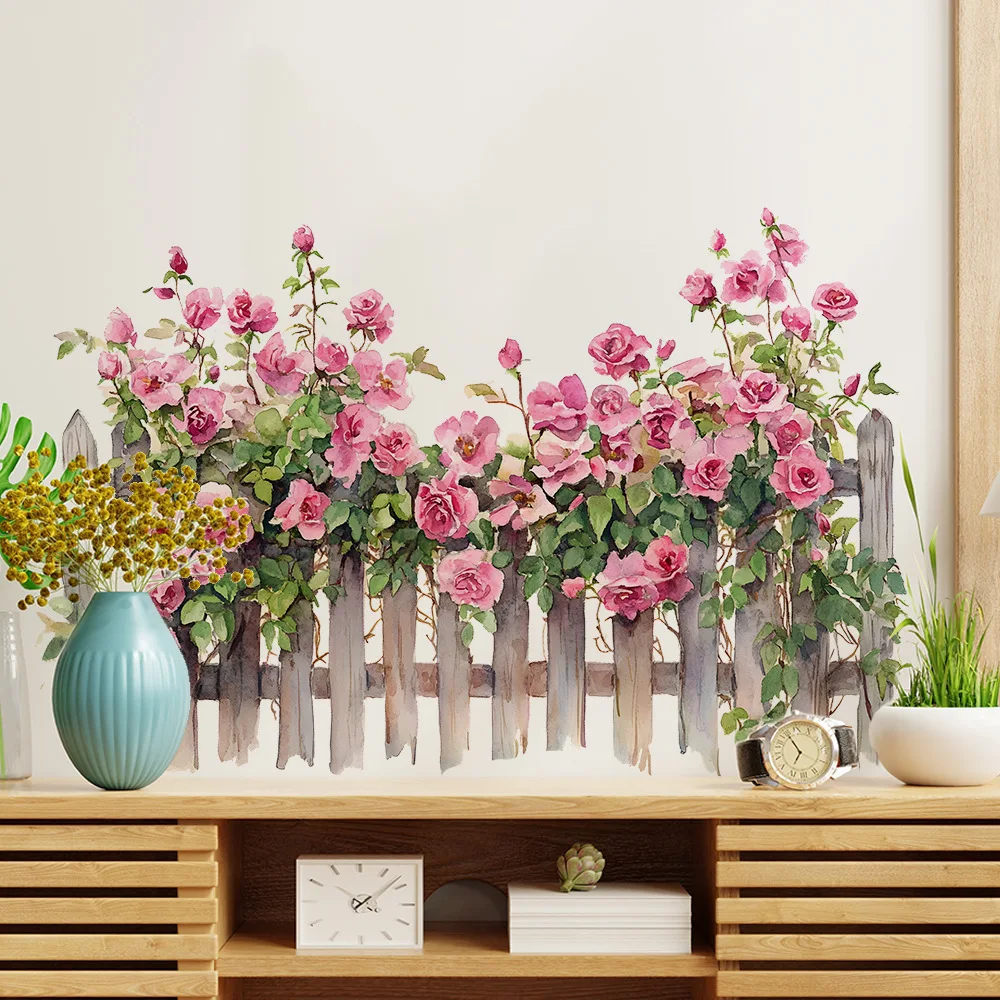 Pink Rose Fence Flowers Wall Art Decor Living Room Self Adhesive Wall Stickers for Bedroom Office Decoration