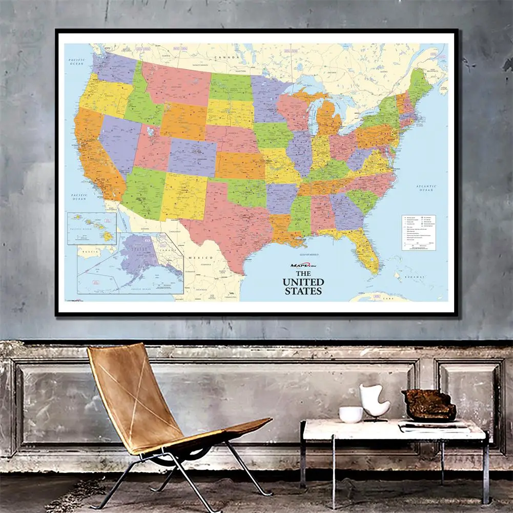 Map of The United States with Details Non-woven Canvas Painting Wall Art Poster 150*100cm School Supplies Home Decoration