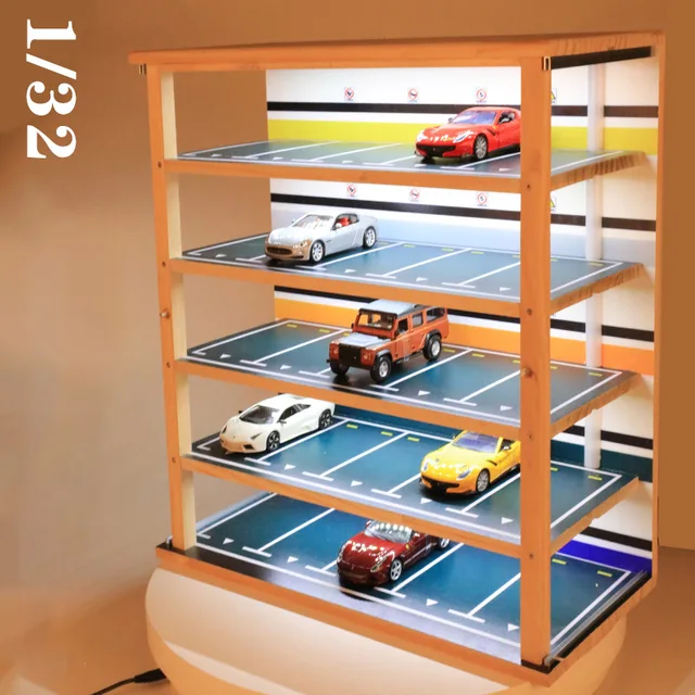 1:32 Scale Car Parking Lot Model Dustproof Storage Display Cabinet Box With Light Solid Wood Parking Room Garage Scene Toy Model 3