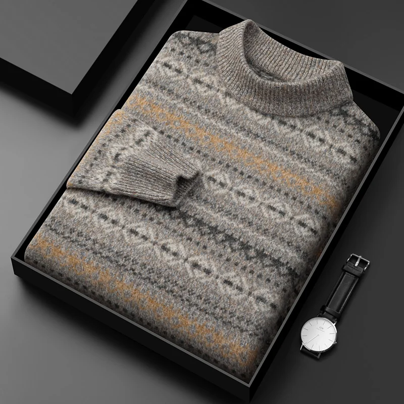 

2023 New Style 100% Wool Sweater Light Luxury Winter Fashion Knitted Pullover Half Turtleneck Striped High Quality Men' Clothing