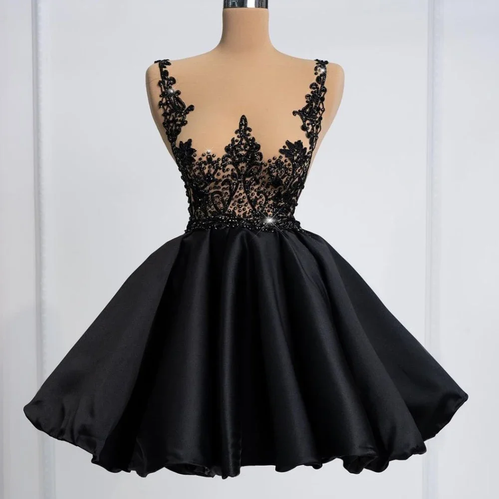 

SERENDIPIDTY Appliques Black Mini Party Dress A-line Ruffled Crystals Beaded Woman Clothes See Through Sexy Girl Cocktail Dresse