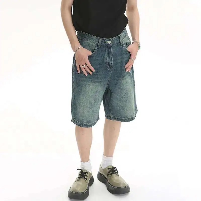 LUZHEN Summer Men Casual Shorts Loose Jeans High Mid Waist Fashion Knee Lenght Denim Short Pants Vintage Washed Male New LZ9723