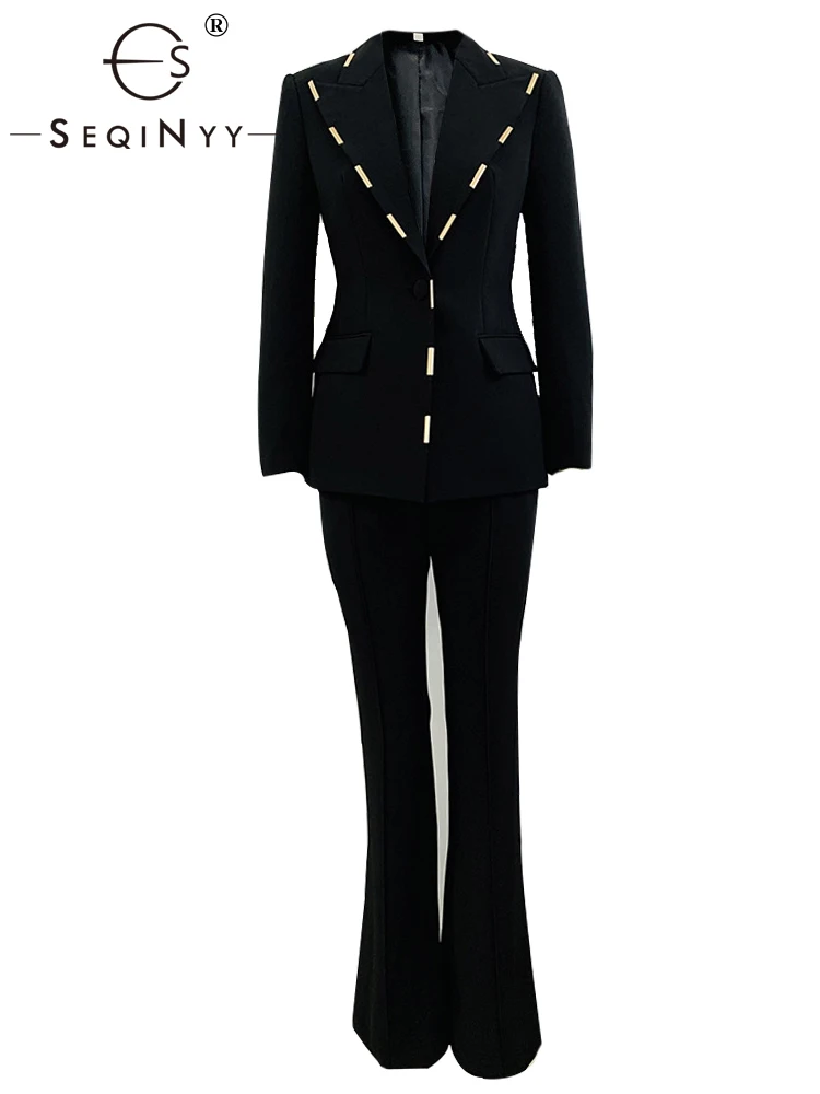 

SEQINYY Elegant Suit Summer Spring New Fashion Design Women Runway High Street Blazer + Slim Pants Office Lady Casual
