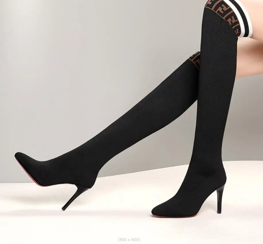 New Fashion Knee Length Boots Slender high heeled boots Stripe Contrast High Heel Elastic Boots Autumn Shoes Slender high boots
