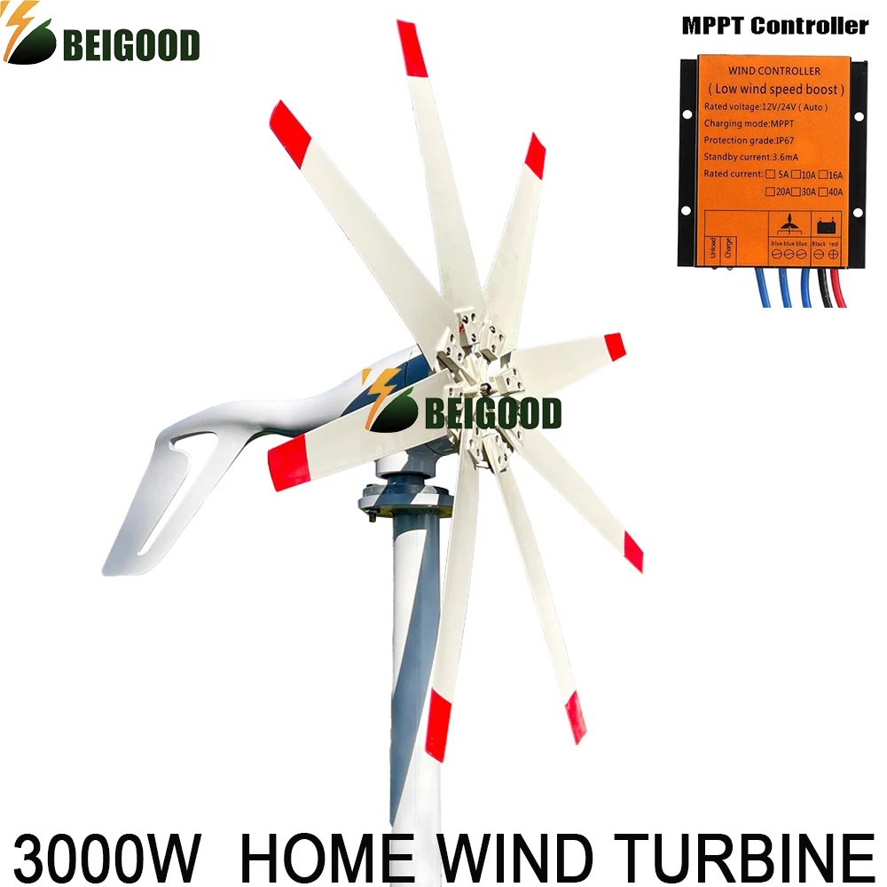 

China Factory 3KW Horizontal Windmill For Home Farm 3000W 12V 24V 48V Free Energy Wind Turbine Generator With MPPT Controller