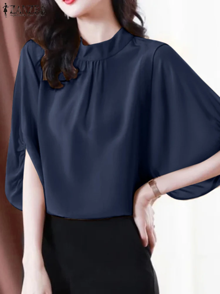 

ZANZEA 2024 Summer Satin Turtleneck Office Tunic Shirt Formal Blusas Elegant Loose Blouse Women Vintage Lantern Half Sleeve Tops