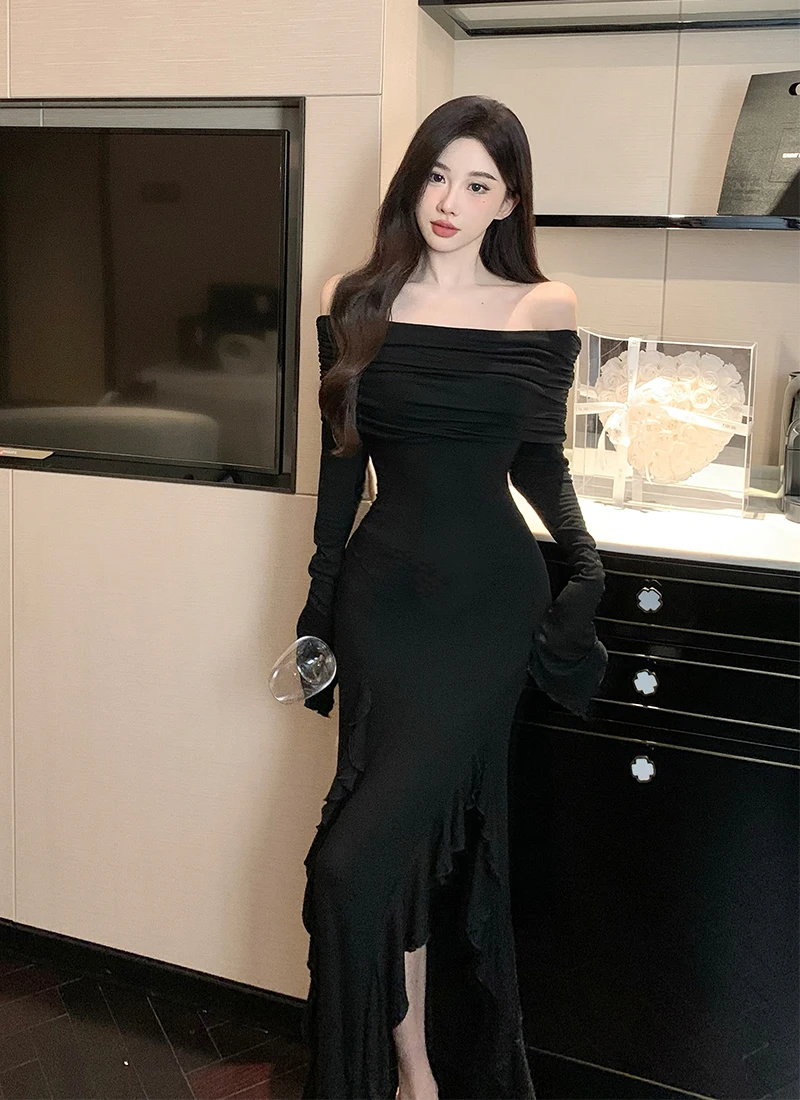 Sexy Bodycon Evening Dresses for Women Long Sleeves Slash Neck Ruffles High Slit Slim Korean Fashion One Piece Vestidos Mujer