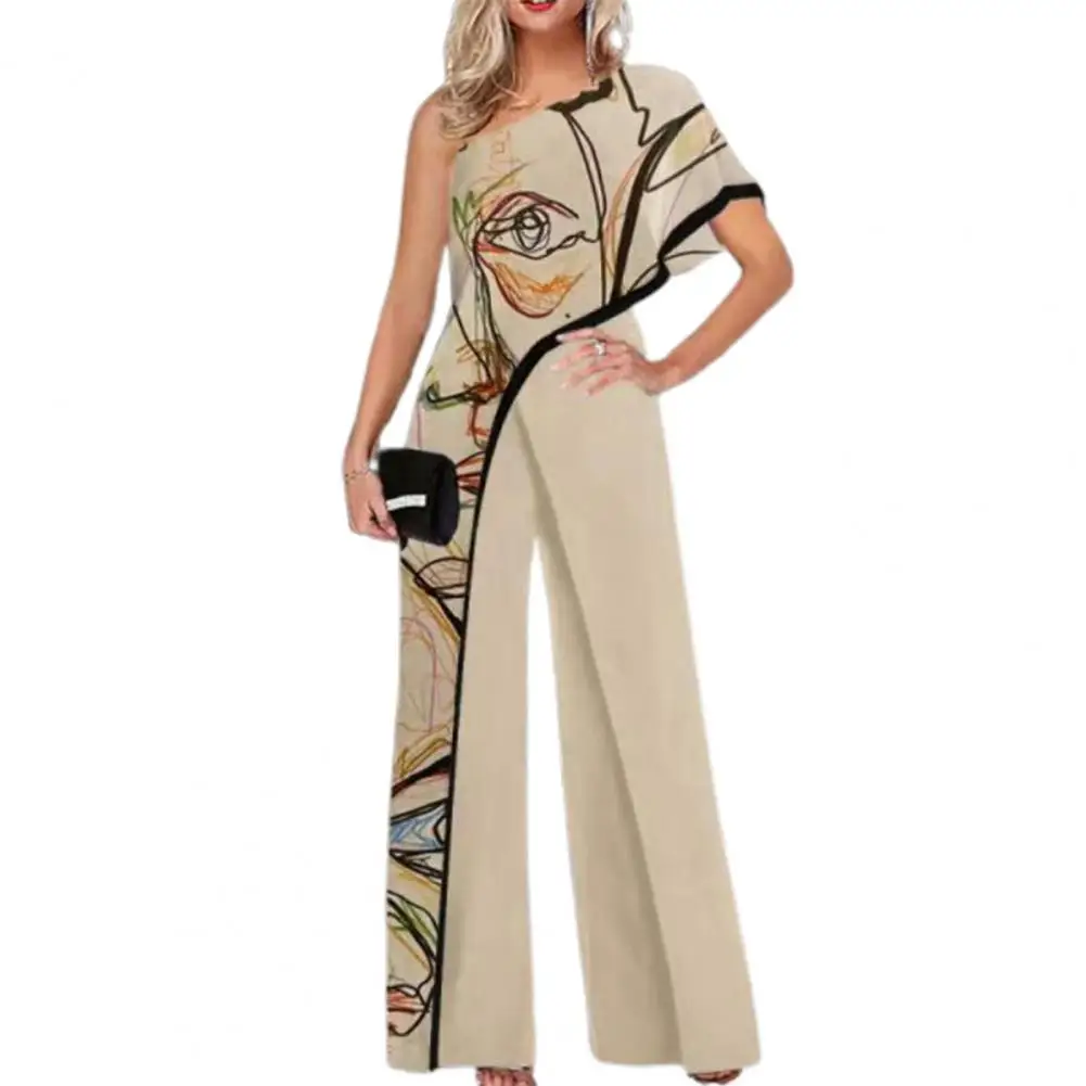 

Loose Type Breathable Stripe Print Oblique Neck Lady Jumpsuit Dating Garment