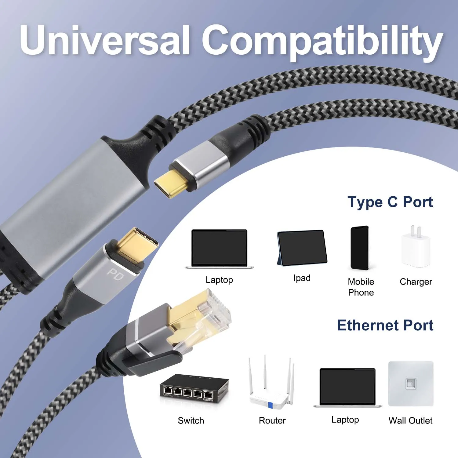 Ethernet cable ethernet adapter USB C to Ethernet Cable 1Gbps Gigabit Type C to RJ45 LAN Network Adapter 100W PD for PC Laptop MacBook