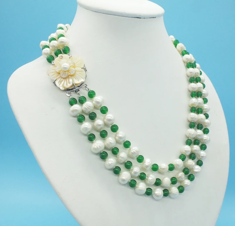 

9-10MM 3 rows, natural freshwater baroque pearl & semi-precious stone necklace, classic bride, bridesmaid necklace 18-20 "