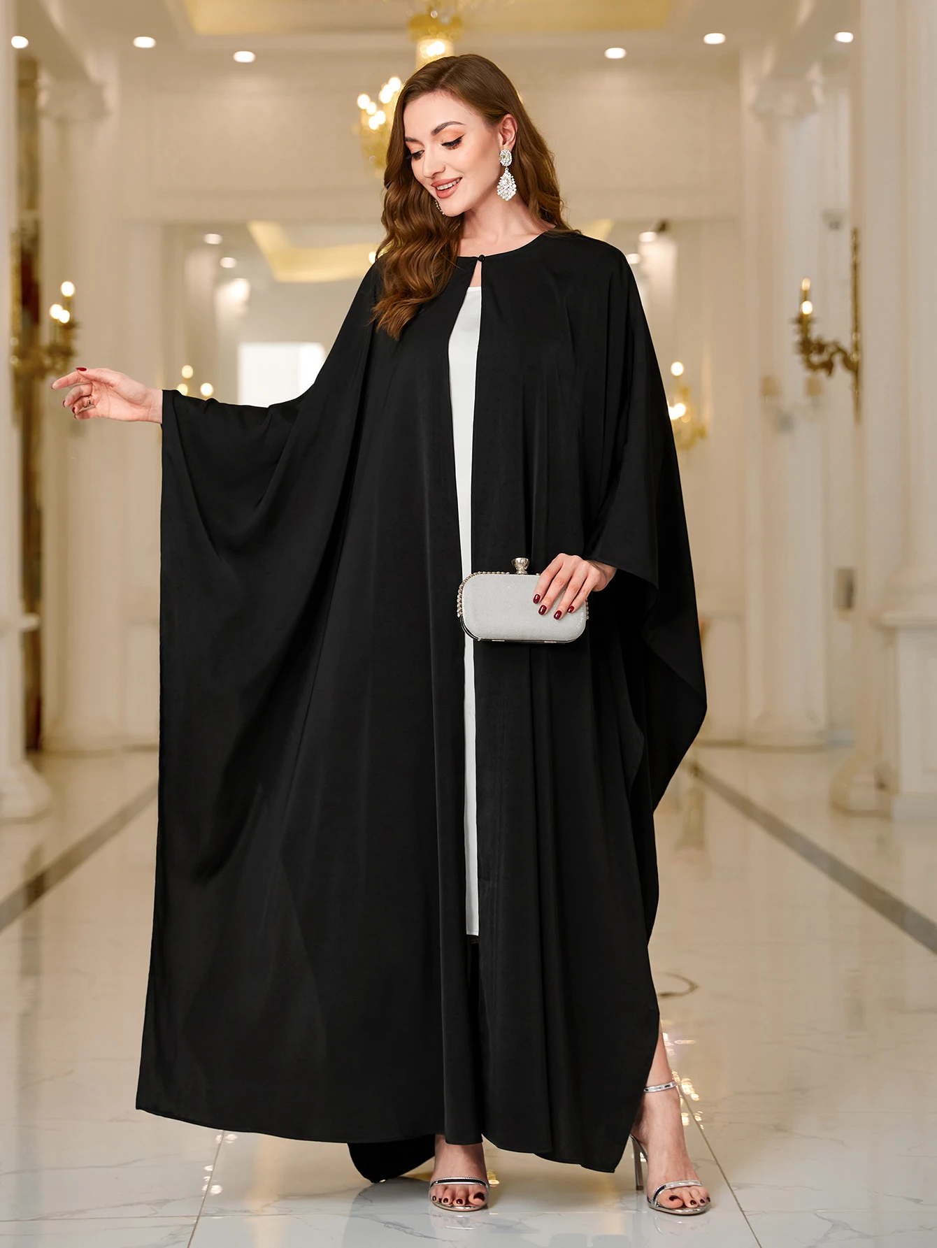Ramadan Abaya Button Front Batwing Sleeve Modest Dress, Elegant Loose Solid Color Cloak Maxi Outwear Kaftan, Women's Clothing