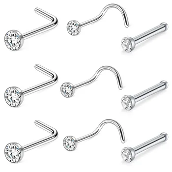20G 1.5/2/2.5/3mm 지르콘 보석 본 코 스터드 피어싱 귀걸이 알루마이트 실버 컬러 코 링 프롱 CZ 코 쥬얼리, 5 개/묶음
